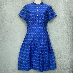 Tory Burch Dress Size 6 Blue Printed 100% Silk Gold button Pleated Banded waist.